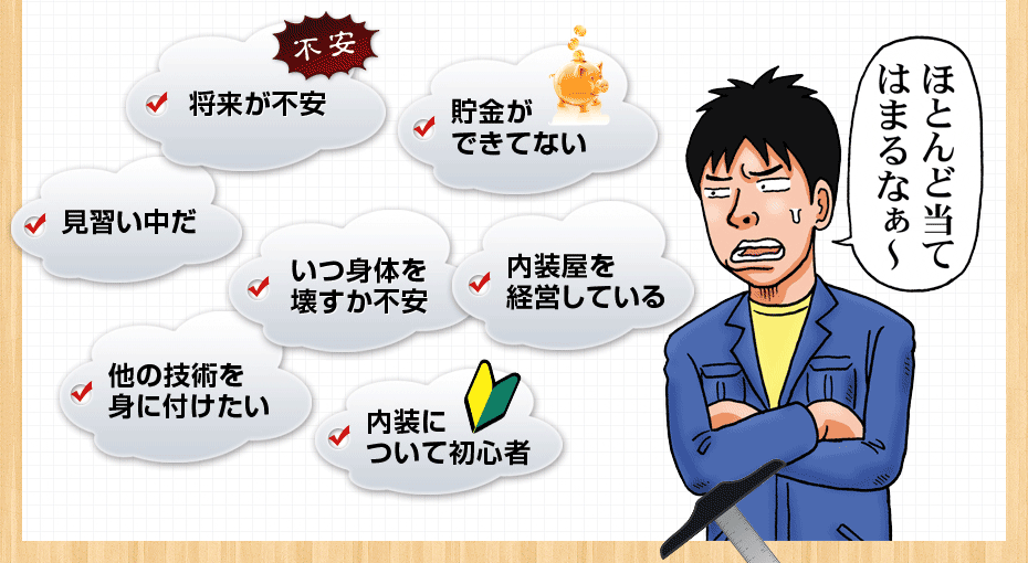 将来が不安 貯金ができてない 見習い中だ いつ身体を壊すか不安 内装屋を経営している 他の技術を身に付けたい 内装について初心者